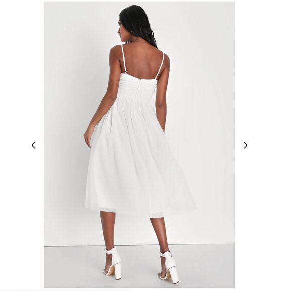 Lulus Darling Sweetheart White Swiss Dot Ruched Midi Dress - Size S - Picture 4 of 5